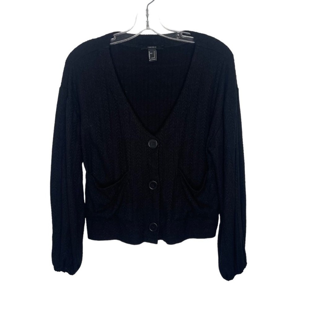 Forever 21 Womens Black Cable Knit Button Front V-Neck Cardigan Sweater Small